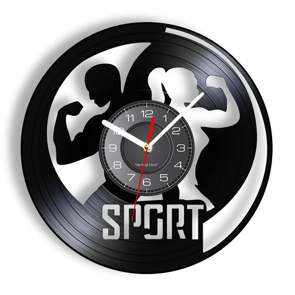 Fitness Equipment Theme Vinyl Record Fitness Wall Clock Home Decoration Gym Wall Mounted Modern Fitness Watch