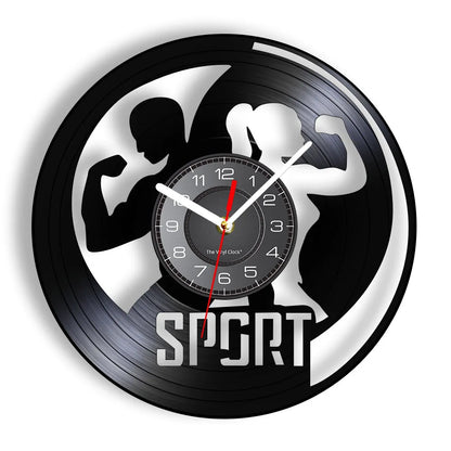 Fitness Equipment Theme Vinyl Record Fitness Wall Clock Home Decoration Gym Wall Mounted Modern Fitness Watch