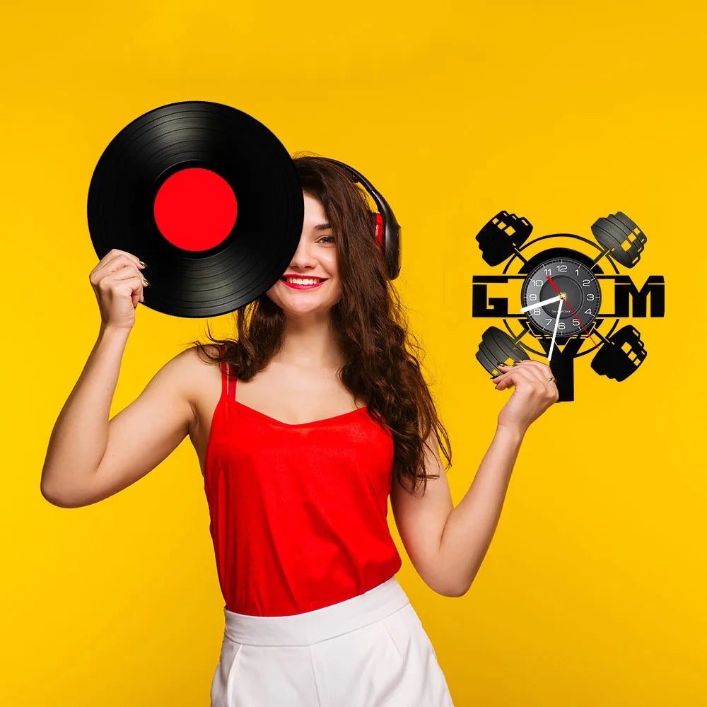 Fitness Equipment Theme Vinyl Record Fitness Wall Clock Home Decoration Gym Wall Mounted Modern Fitness Watch