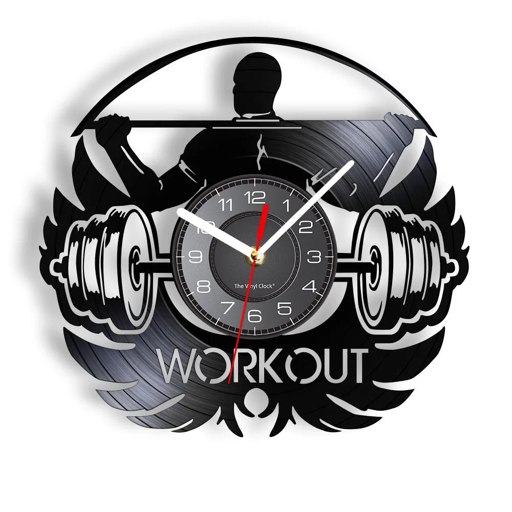 Fitness Equipment Theme Vinyl Record Fitness Wall Clock Home Decoration Gym Wall Mounted Modern Fitness Watch