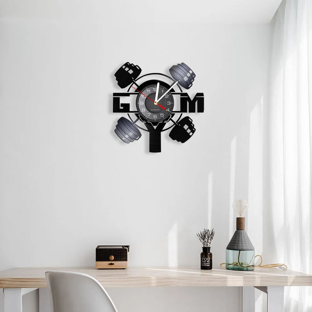 Fitness Equipment Theme Vinyl Record Fitness Wall Clock Home Decoration Gym Wall Mounted Modern Fitness Watch