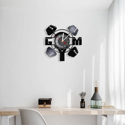 Fitness Equipment Theme Vinyl Record Fitness Wall Clock Home Decoration Gym Wall Mounted Modern Fitness Watch