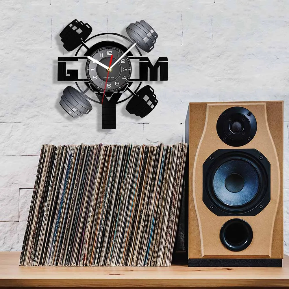 Fitness Equipment Theme Vinyl Record Fitness Wall Clock Home Decoration Gym Wall Mounted Modern Fitness Watch
