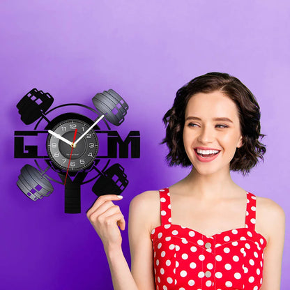 Fitness Equipment Theme Vinyl Record Fitness Wall Clock Home Decoration Gym Wall Mounted Modern Fitness Watch