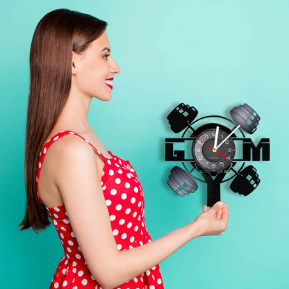 Fitness Equipment Theme Vinyl Record Fitness Wall Clock Home Decoration Gym Wall Mounted Modern Fitness Watch