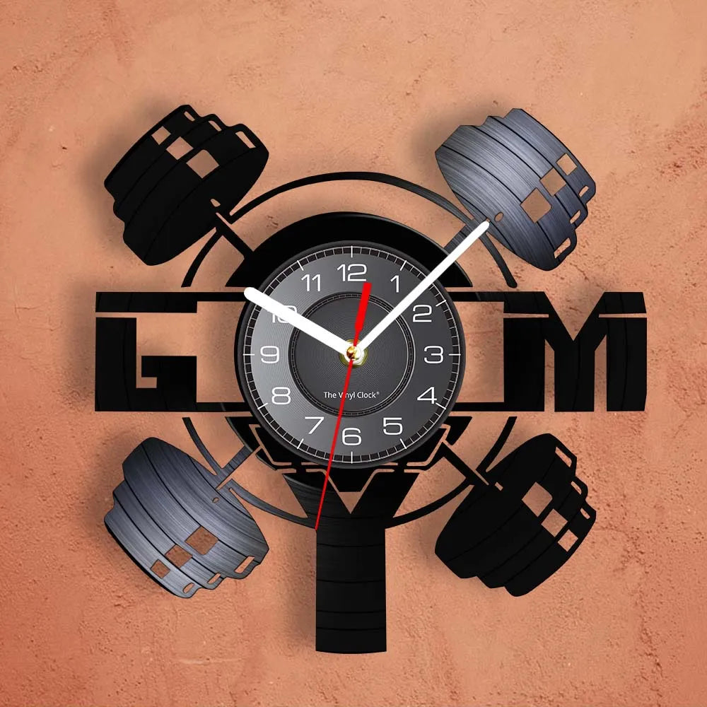 Fitness Equipment Theme Vinyl Record Fitness Wall Clock Home Decoration Gym Wall Mounted Modern Fitness Watch