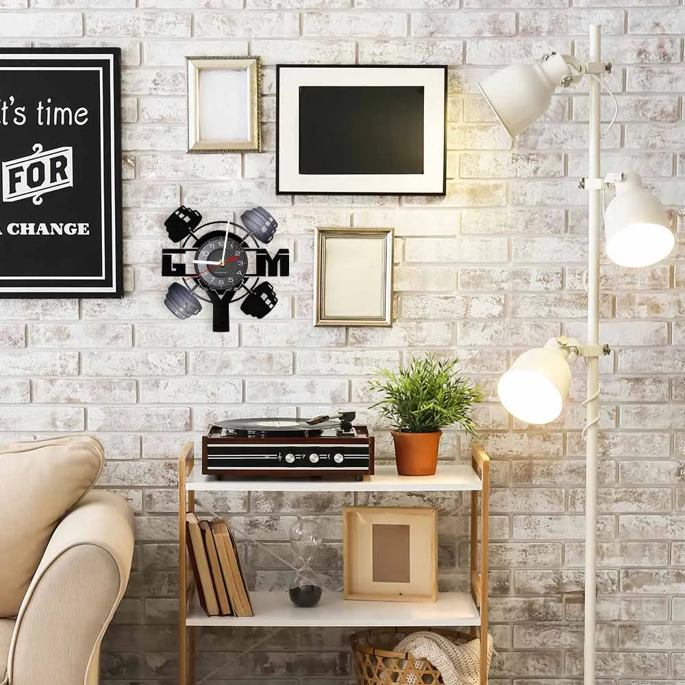Fitness Equipment Theme Vinyl Record Fitness Wall Clock Home Decoration Gym Wall Mounted Modern Fitness Watch