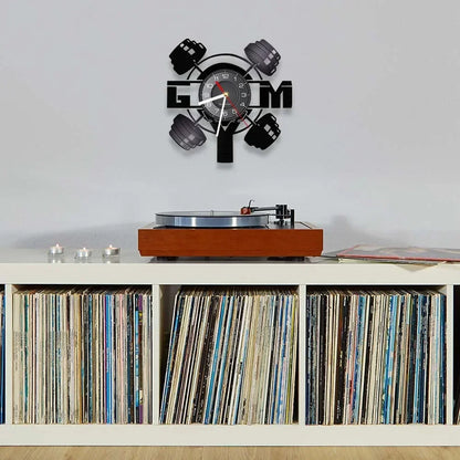 Fitness Equipment Theme Vinyl Record Fitness Wall Clock Home Decoration Gym Wall Mounted Modern Fitness Watch